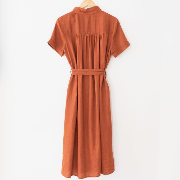 Magaschoni Linen Short Sleeve Midi Length Tie Waist Button Down Dress - Picture 5 of 7